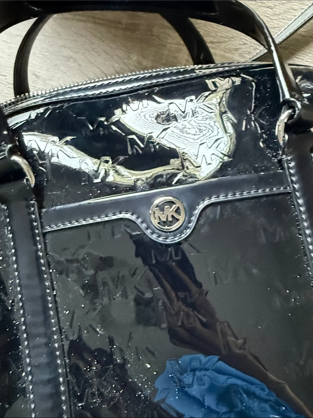 Michael Kors Black Patent Satchel with Embossed MK